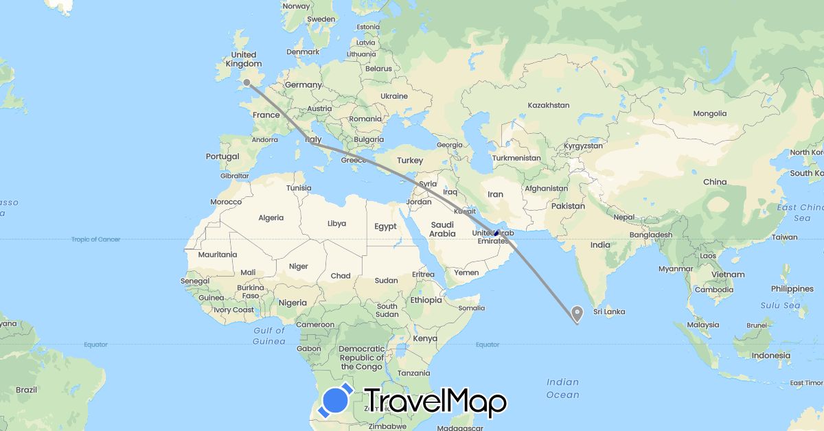 TravelMap itinerary: driving, plane in United Arab Emirates, United Kingdom, Italy, Maldives (Asia, Europe)